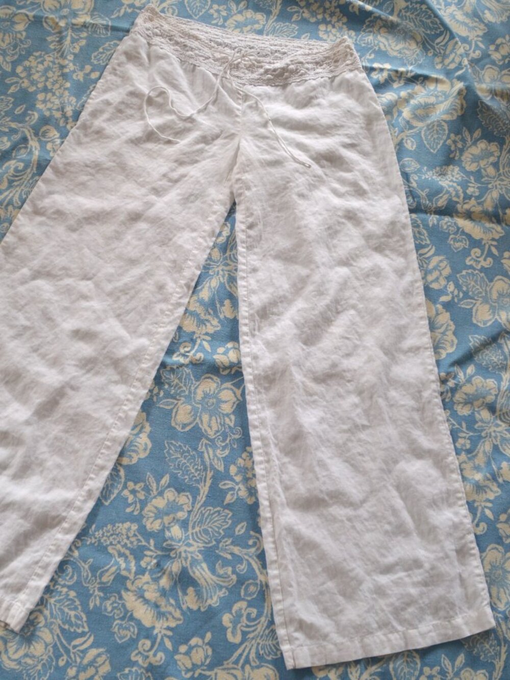 Forever Twenty One White Crochet 100% Linen Wide Leg Low Rise BOHO Pants SMALL - Picture 2 of 9